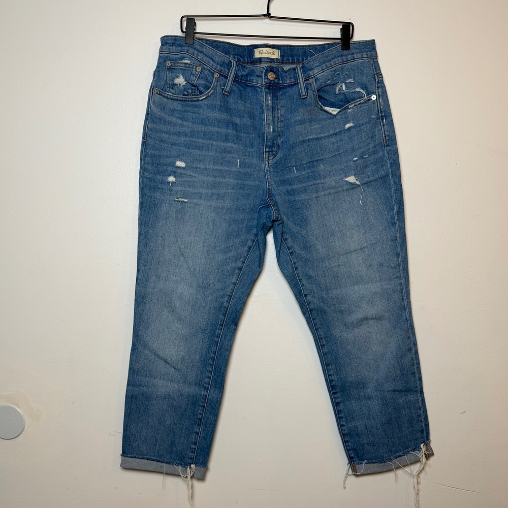 Madewell The Slim Boyjean Medium Wash Distressed Raw Hem Denim Jeans Size 32